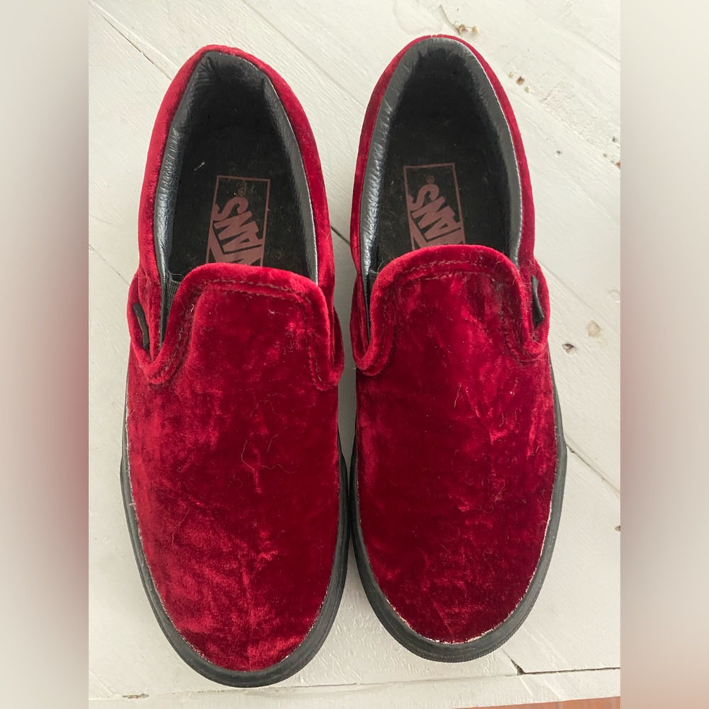 Woman’s Burgundy And Black Velvet Slip On Vans